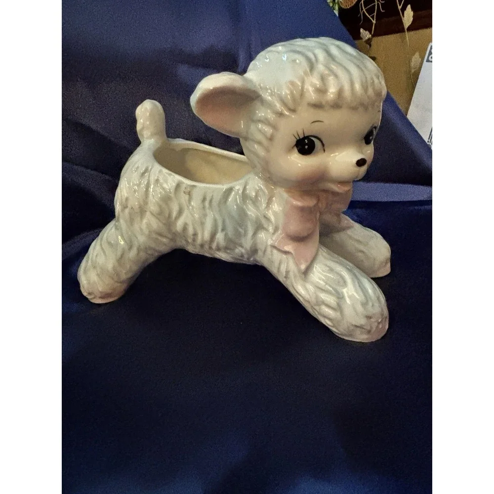 Vintage Dualite Products Japan Lamb Planter Vase Pink Bow Ceramic Nursery [B]